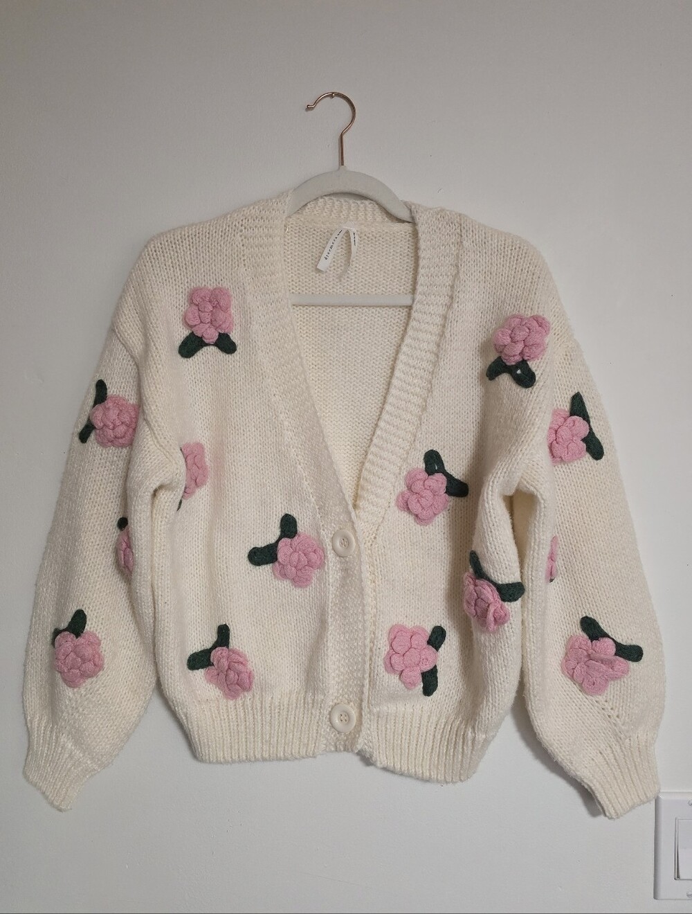 Dreamers by Debut 3D Floral Chunky Knit Cardigan Sweater Cream Pink Size XSmall
